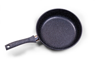 Black frying pan with non-stick coating on a white background.