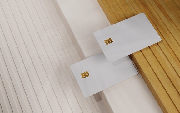 Two bank cards on top of each other. Wooden plane and beige delivery. Template for bank card designer. 3D rendering.