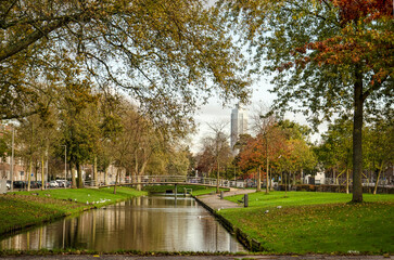 Fototapeta na wymiar Rotterdam, The Netherlands, November 5, 2022: view along Lepelaarsingel canal in Charlois neighbourhood with the downtown highrise in the distance