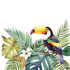 Fototapeta premium Watercolor tropical leaves and toucan on white background