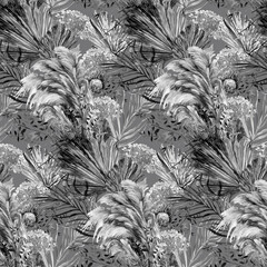 Monochrome watercolor seamless pattern with herbarium of protea flowers and tropical palm leaves for textile 