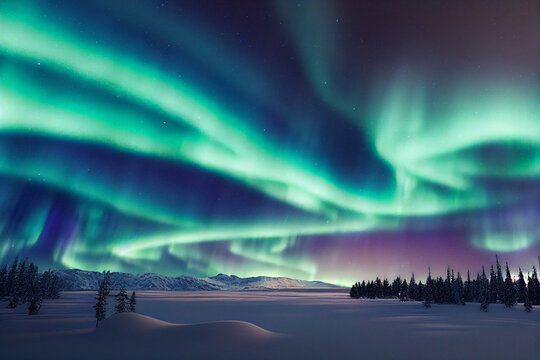 Aurora borealis over in the dark night sky with snowy mountains