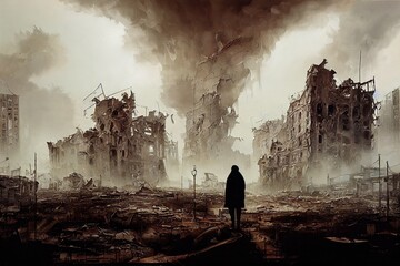 Post apocalyptic city, destroyed buildings, dystopian landscape painting - obrazy, fototapety, plakaty