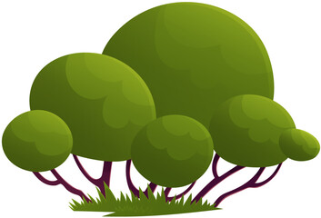 Green trees flat vector illustration. Beautiful green leaves, bushes, grass on glade. Spring time trees. Natural forest plant. Ecology garden template. Scene with many trees isolated on white