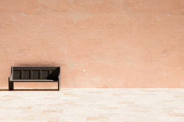 Country house interior with a rustic bench in one corner against the wall and copy space. Interior design. 3d illustration.