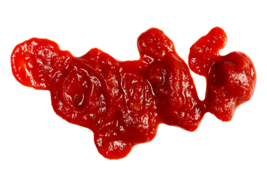 Sauce made from tomatoes with pieces basil, isolated on white, top view 