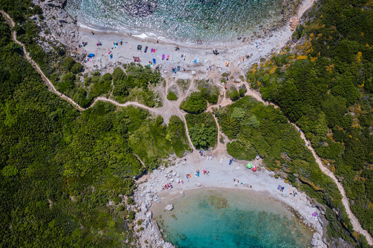 Drone photo of Porto Timoni and Limni double beach near Afionas village, Corfu Island, Greece