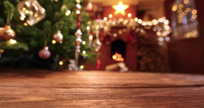Christmas tree with illumination near the fireplace. Home decor