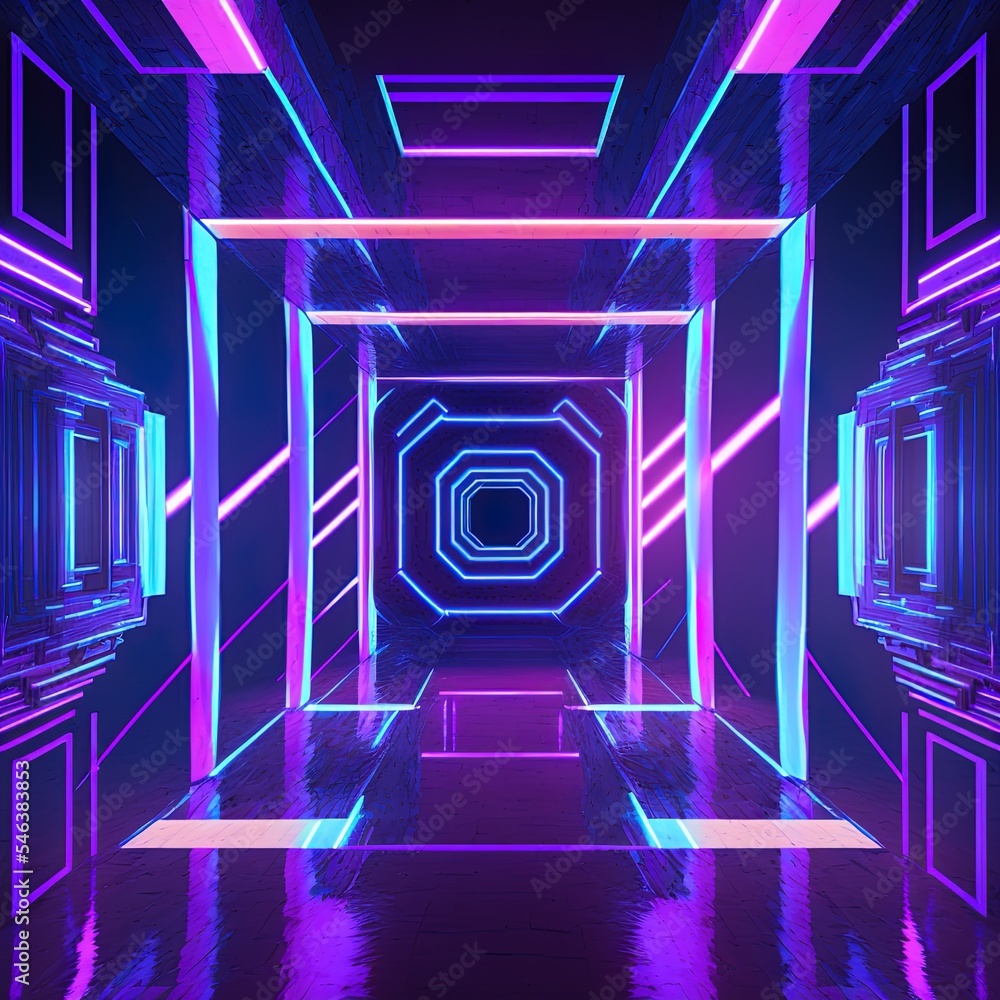 Canvas Prints 3d render, virtual reality environment, neon light, square esoteric portal, tunnel, corridor, ultraviolet abstract background, laser show, fashion catwalk podium, path, way, stage, floor reflection