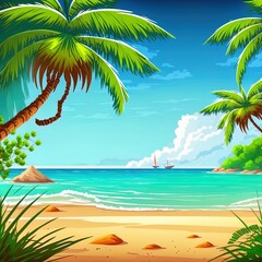 Cartoon summer beach. Paradise nature vacation, ocean or sea seashore. Seaside landscape, tropical beach relax or seaside landscape. 2r illustrated background illustration