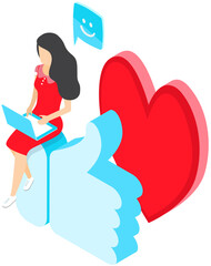 Woman works with computer, communicates in social networks, likes. Freelance or internet job concept. Lady with laptop. Girl studying courses online. Female freelancer works with electronic device