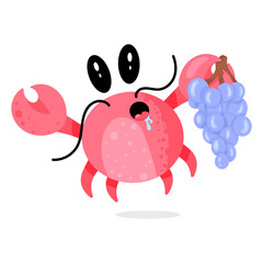 Crab holding grapes, flat vector