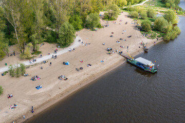 Water tram on Saska Kepa beach over River Vistula in Warsaw, Poland