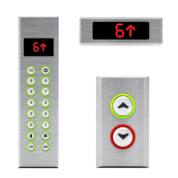 Elevator panels with buttons and LCD display on transparent background