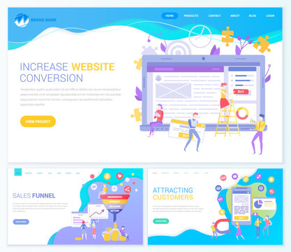 Set of webpage templates for customer attraction, increase conversion, sales funnel. People work with marketing, sales website optimization. Colleagues analyze customer base, consumer behavior