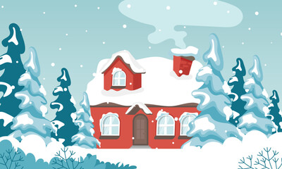 Fototapeta na wymiar Winter landscape with cute houses and trees, merry Christmas greeting card template. Vector illustration in flat style