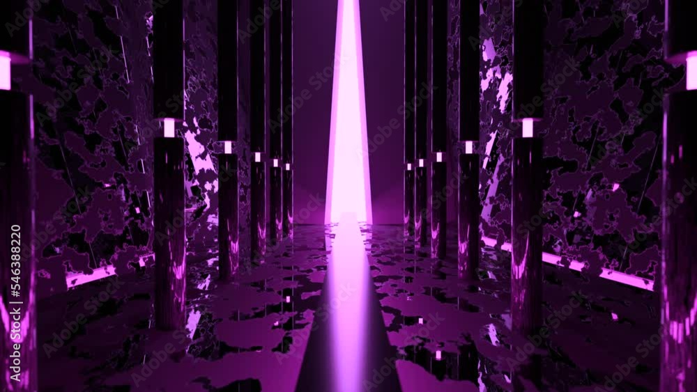 Poster futuristic 3d corridor with pillars and light. design. light pole at end of tunnel in futuristic pla