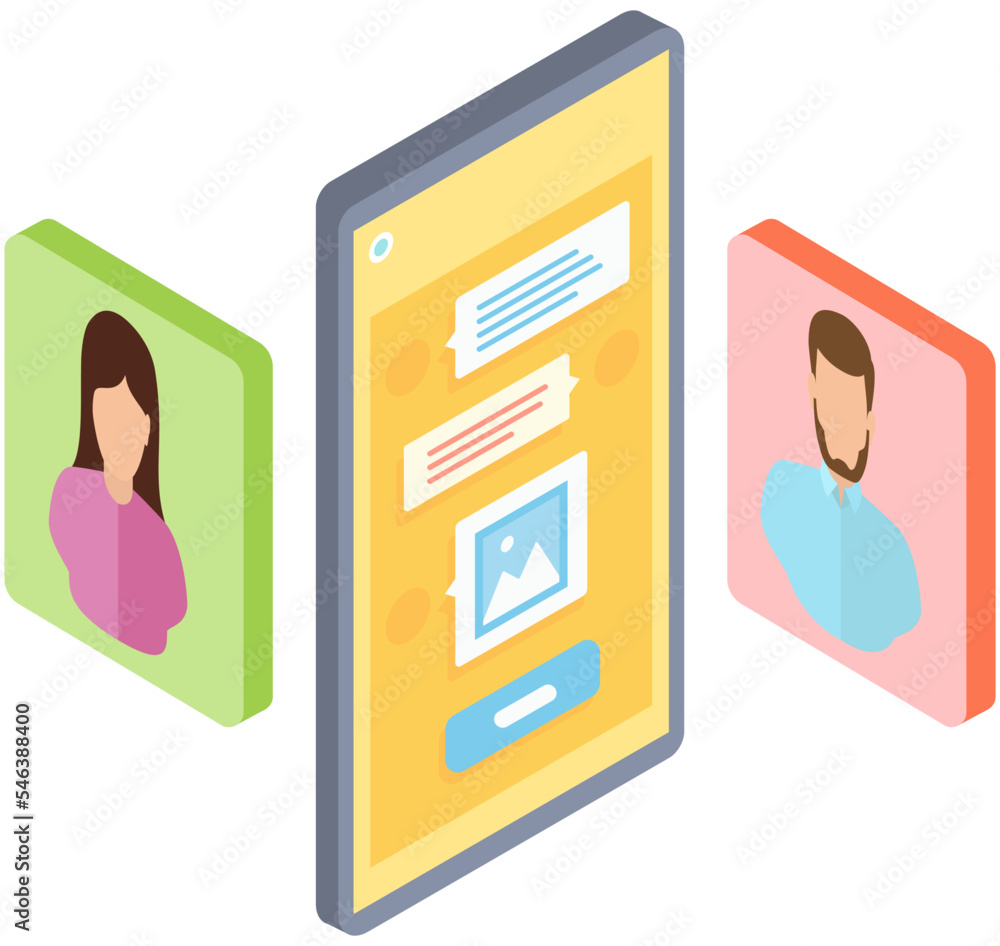 Poster people communicate sharing data and news in social media, use calls and messages from contact list. 