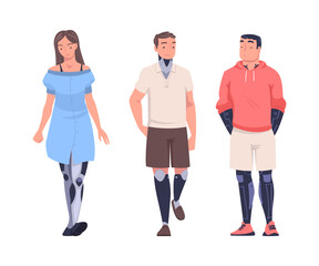 Happy Man and Woman Character with Replaced Robotic Body Part Prosthesis Restoring Normal Functioning Vector Set