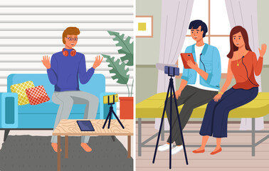 Bloggers man and woman recording video for blog. Video call podcast concept. People with smartphone talking to friend on screen at online meeting. Distance learning at educational platform with tablet