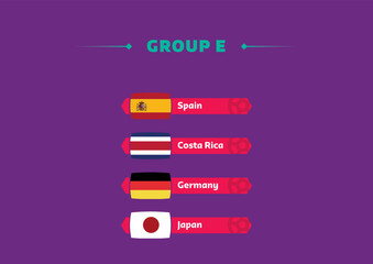 Football world cup, Qatar 2022. List of countries in Group E with flags. World cup.