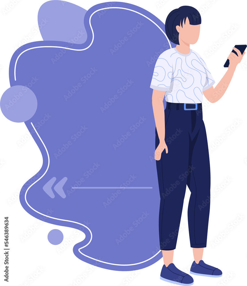 Poster lady with mobile phone quote textbox with flat character. speech bubble with creative cartoon illust