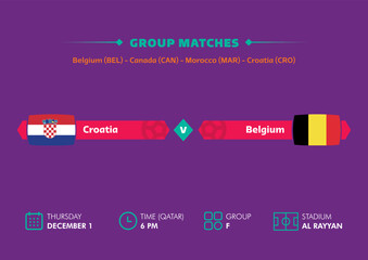 Football world cup, Qatar 2022. Match schedule of Croatia vs Belgium with flags. World cup.