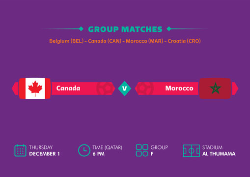 Football world cup, Qatar 2022. Match schedule of Canada vs Morocco with flags. World cup.