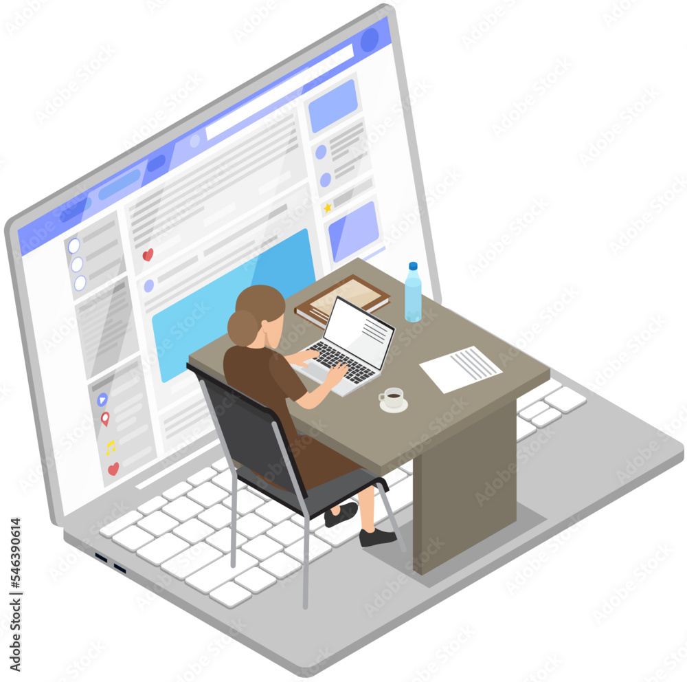 Poster office worker sitting at table with computer. business woman or clerk working at her office workplac