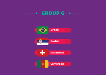 Football world cup, Qatar 2022. List of countries in Group G with flags. World cup.