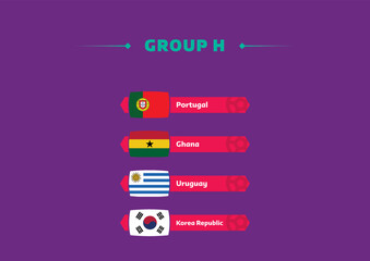 Football world cup, Qatar 2022. List of countries in Group H with flags. World cup.