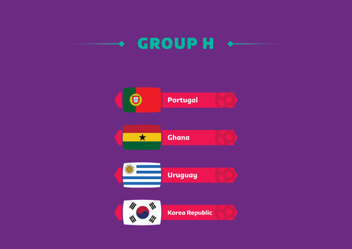 Football world cup, Qatar 2022. List of countries in Group H with flags. World cup.