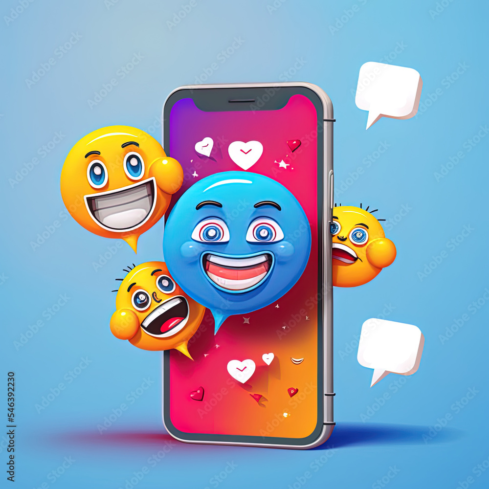 Sticker Social media concept. Marketing time. Realistic abstract 3d design. Cartoon style. In hand phone sends emoticons of emotions to friends. Mobile Template Social network. smile icon. 2r illustrated