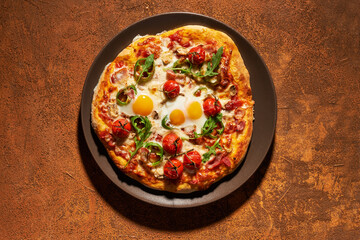 breakfast pizza with eggs, top view