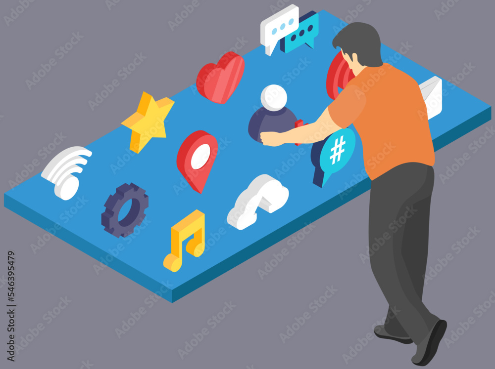 Poster man sharing in social media, internet app signs set. phone applications and network symbols, icons f