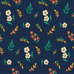 Fototapeta na wymiar Seamless floral pattern with folk motif, abstract arrangement of decorative art plants on a dark blue background. Cute flower print with small flowers, berries, twigs, leaves. Vector illustration.