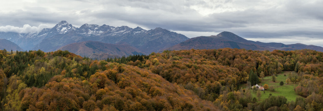 Autumn landscape in the Pyrenees mountains with the Mont Valier in background