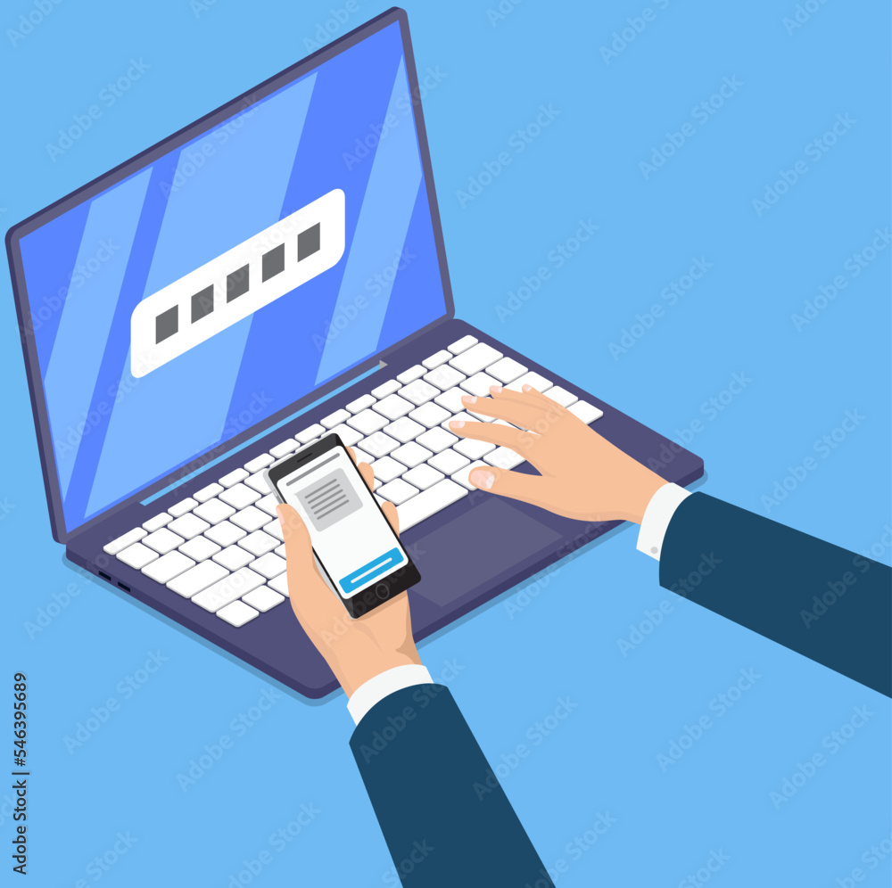 Aufkleber workspace office. top view businessmans hands using laptop and phone, working and typing on keyboard