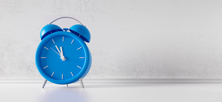 Blue vintage alarm clock on white background - modern design - 3D Illustration