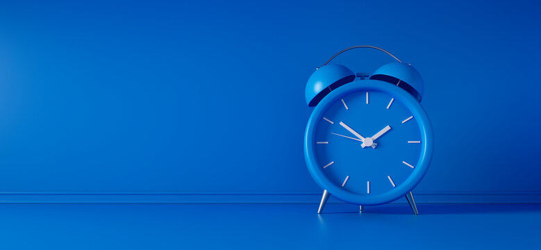 Blue vintage alarm clock on blue background - modern design - 3D Illustration