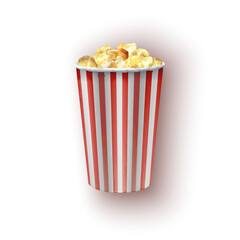 Striped cotton bowl filled of popcorn, bag full of popcorn. Realistic vector illustration