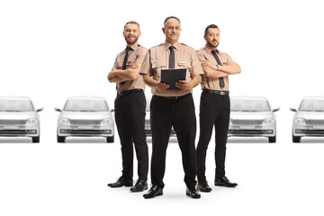 Security officers standing in front of parked cars