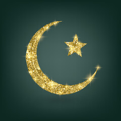 Golden muslim month with glittering texture on Green background, vector illustration © Zalina