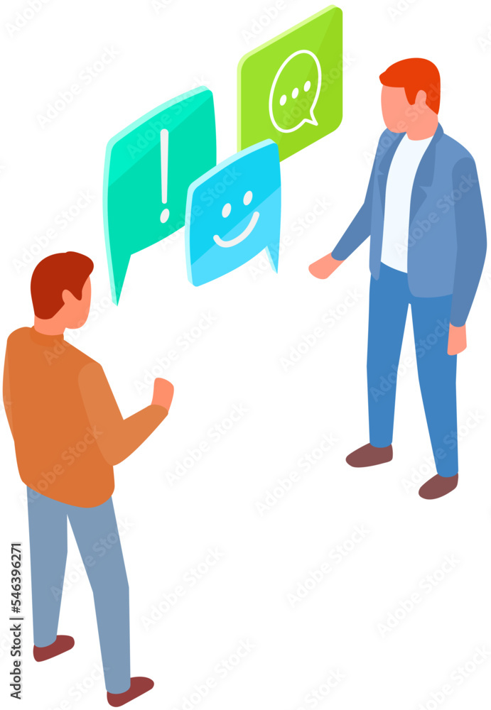 Poster two young men are talking, discussing or sharing ideas. people communicating in social media. one pe