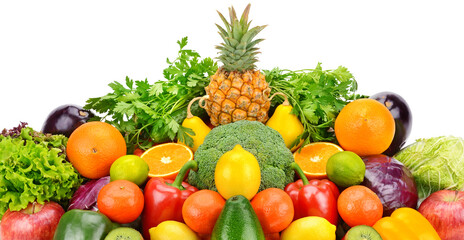 Naklejka na ściany i meble Vegetables and fruits isolated on a white background. Wide photo.