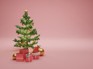 3D illustration of a Low Poly Christmas Tree with ornaments, Gift Boxes or Presents, Shopping Bags and decoration on a Pink Background with Copy Space for the December Winter Holiday Season