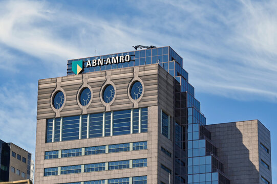 Rotterdam, Netherlands - August 2022: Exterior view of the office building of ABN AMRO in the city centre