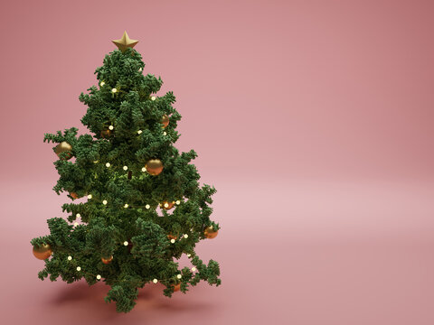 3D illustration of a Low Poly Christmas Tree with ornaments and decoration on a Pink Background with Copy Space for the December Winter Holiday Season