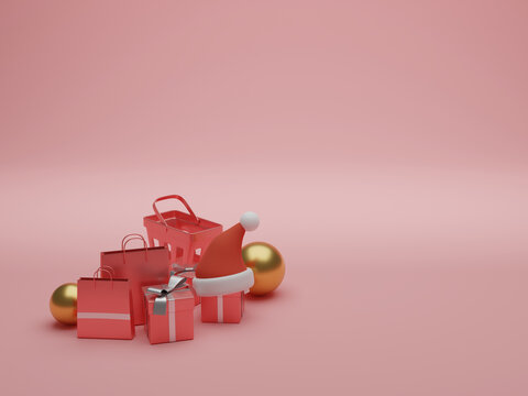 Christmas Gifts or Presents, Shopping Bags and a Shopping Cart along with a Santa Hat and decoration on a Pink Background for the December Winter Holiday Season. 3D illustration with Copy Space