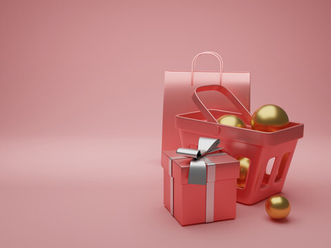 Christmas Gifts or Presents and Shopping Bags along with decoration in a Shopping Cart on a Pink Background for the December Winter Holiday Season. 3D illustration with Copy Space